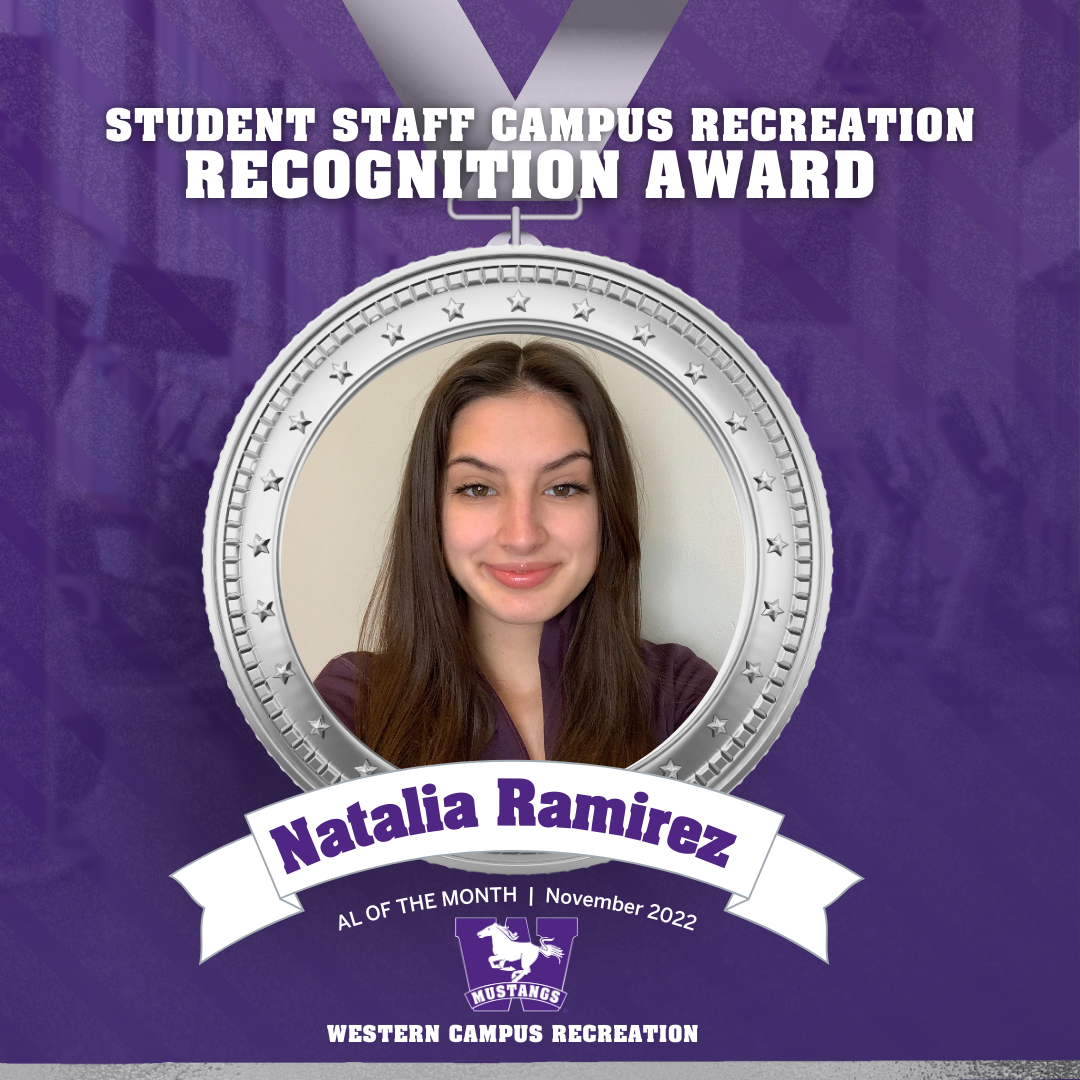 Head shot of Natalia Ramirez inside a silver medal graphic that says Student Staff recognition award